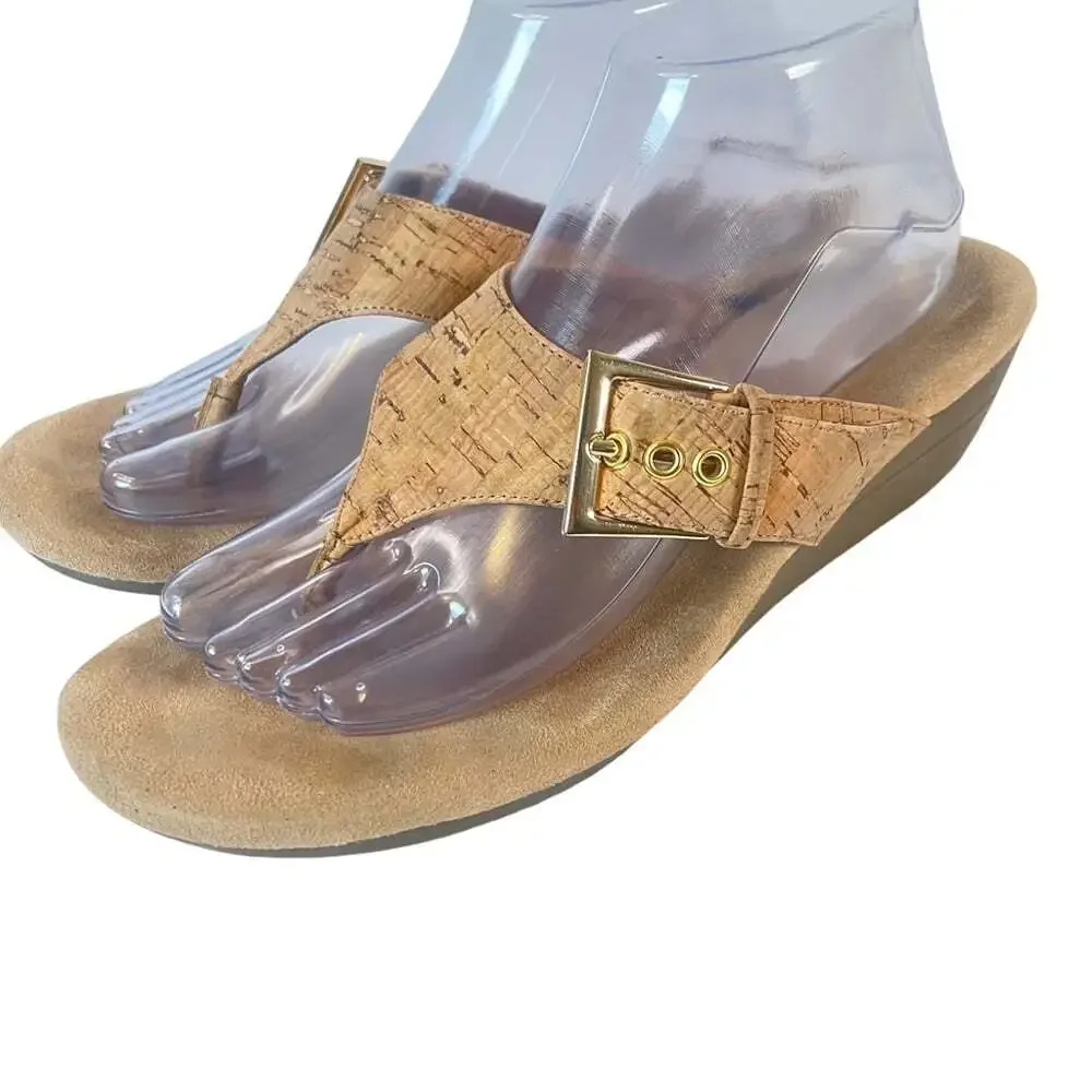 Aerosoles Tan Cork Wedge Sandals Women 10 Flower Thong Slide Comfort Summer